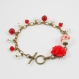 Bracelet breloques cabochon fleur rouge en métal bronze 