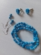  	parure  composée d’un bracelets 3 tours en perles de papier recyclé bleu et blanc, de boucles d’oreille faites dans du papier recyclé bleu et blanc et de boutons de manchette en papier recyclé bleu et blanc. 