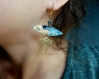 Boucles d'oreilles en plastique fou* encre de chine* feuille et éventail* turquoise