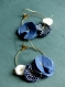 Boucles d'oreilles créoles fleuries* trio de fleurs* jean/ tissu japonais/ blanc