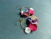 Boucles d'oreilles créoles fleuries* trio de fleurs* blanc/ tissu japonais/ rose