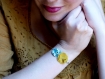 Bracelet fleuri* fleurs en tissu cousues main* moutarde/ turquoise