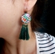 Boucles d'oreilles en plastique fou* motifs floraux* trio de pompons* vert