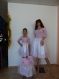 Mother, sister and baby, set of dresses for an unforgettable holiday, elegant dress in white and rose with seven eight sleeves, beautiful
