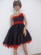 Elegant red dress with red flowers, red organza, one shoulder made of black satin with elastane and red organza