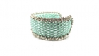 Bracelet manchette simili cuir vert d'eau et perles de verre brodées 