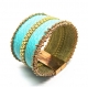 Bracelet cuir de poisson bar turquoise , biais à glissière doré et perles brodées 