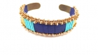 Bracelet petite manchette cuir bleu marine ,soutache , strass et perles de verre 