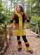 Veste mi-longue d'hiver de style mongol en patchwork de laine, jersey vintage et fausse fourrure recyclés jaune, marron et orange!!!