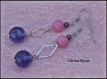 Pendientes acero inoxidable rombo plateado y perlas cristal facetado rosa y violeta 12x68mm