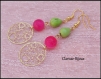 Pendientes filigrana corazones metal dorado y perlas naturales rosa y verde 23x68mm +topes