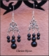 Pendientes colgante en métal plateado y perlas de cristal negro 18x54mm, pendientes negros, pendientes plateados