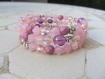 Bracelet manchette multirang perles en verre de bohème et sequins en rose, mauve, fleurs en métal argenté, bracelet girly