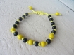 Collier long, sautoir boho épuré avec grosses perles de bois et cordon en coton ciré jaune vif, jaune et noir, collier bohème et nature