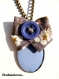 Collier pendentif sur chaine émaillage fait main perle médaille ovale en émaux bleu vernis brillant de 1,8 