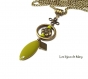 Joli sautoir collier fleur anneau navette émail vert kaki sur chaine bronze 