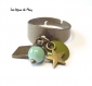 Bague réglable bronze étoile losange verre sequin émail vert clair/kaki 