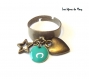 Bague réglable métal bronze coeur étoile sequin émail turquoise 