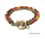 Bracelet 3 rangs chaines bronze perles verre rose rouge orange - fermoir toggle métal bronze 