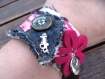 Large jean bracelet - large bracelet en patchwork de jean bleu et rose