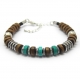 Bracelet homme/femme fil cuir véritable perles bois métal couleur argent vieilli tibétain pierre naturelle véritable 