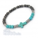 Mode tendance bracelet homme/femme perles 6mm croix 16x12mm pierre naturelle howlite couleur turquoise + hématite + anneaux 