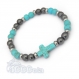 Mode tendance bracelet homme/femme perles 6mm croix 16x12mm pierre naturelle howlite couleur turquoise + hématite + anneaux 