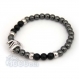 Mode tendance bracelet homme perles agate noir mat (onyx) + hématite 6mm + perle "rock" en métal couleur 