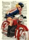 Jeune femme des annees 1950 sur une moto transfert 17 cm x 13 cm coupon coton 28 x 21 cm 