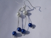 Boucles d'oreille mariage perle de verre blanche et bleu 