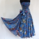 Robe bustier en coton bleu et multicolore motifs grand paisley, top smocké , jupe 45 pans 