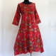 Longue robe tunique fuchsia et multicolore , manches 3/4, col rond, boutonnée sur le devant , évasée dans le bas 