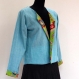 Veste courte femme en coton imprimé paisley vert anis et doublée coton uni bleu turquoise 