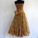 Robe bustier en coton ocre jaune, imprimé block print motifs fleurs, top smocké , jupe 45 pans 
