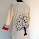 Longue robe tunique écrue imprimée motif arbre noir, manches 3/4, col v 