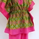 Pyjama femme / tenue d'intérieur en coton imprimé vert et rose et pantalon rose uni 