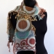 Reservee echarpe femme multicolore en pure laine tissée à dessins bulles, avec franges 