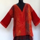 Pull tunique châle rouge et bordeaux en pure laine voile tissée, doublé de coton rouge 
