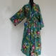 Kimono robe de chambre vert émeraude à fleurs en coton imprimé shalimar 