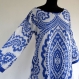 Robe tunique blanche et bleue à 2 niveaux, manches longues en coton et voile 