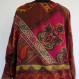 Pull tunique châle en laine tissée et brodée ocre rouge multicolore , col rond 