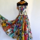 Robe bustier en coton multicolore , motifs fleurs , top smocké , jupe 45 pans 