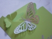 Menu papillons carte double sur chevalet assorti faire-part papillons vert anis et argenté . 