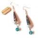 Boucles d'oreilles fleurs argentées perles artisanales perles en papier perles minérales pierres naturelles bleues marrons 