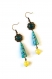 Boucles d'oreilles bronzes - pierres naturelles pendantes - perles en papier - cabochons - bleues - jaunes 