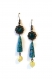 Boucles d'oreilles bronzes - pierres naturelles pendantes - perles en papier - cabochons - bleues - jaunes 