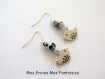 Kit boucles d'oreilles dalmatien perles noir et blanc et breloque oiseau 