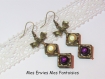 1 kit boucle d'oreille perles magique violet et beige / cadre à perles carré bronze et breloque noeud 