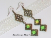 1 kit boucle d'oreille perles magique vert - vert jaune/ cadre à perles carré bronze et breloque celte 