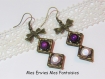 1 kit boucle d'oreille perles magique violet / cadre à perles carré bronze et breloque noeud 